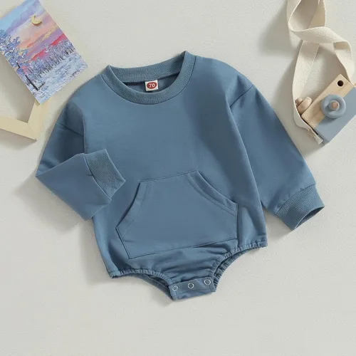 Vista 17 de Mameluco de manga larga con bloques de color para bebé, niño, niña, con bolsillo, cuello redondo, sudadera básica para otoño e invierno