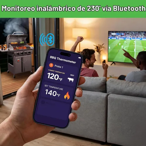 Vista 4 de NutriChef Termómetro de carne Bluetooth para asar y ahumar, hasta 6 sondas de temperatura y aplicación inteligente, rango de 400 pies, LCD Blanco: 2