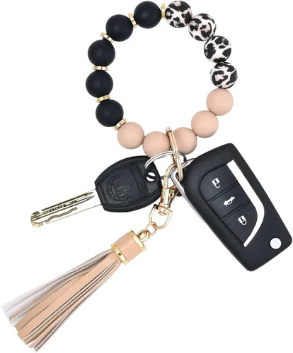 Vista 8 de BAOSIWA Pulsera de cuentas de silicona, llavero de pulsera, cadena para mujer, con borla de cuero Negro