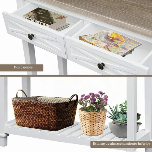 Vista 5 de Mesa consola con 2 cajones y estante de almacenamiento, mesa estrecha para sofá, mesa de entrada para entrada, pasillo delantero, color blanco