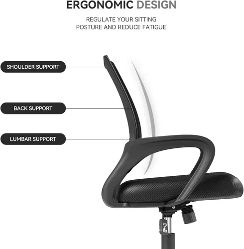 Vista 5 de Silla de oficina ergonómica, silla de escritorio de malla con respaldo medio, silla de computadora, color negro Soporte lumbar, modo oscilante