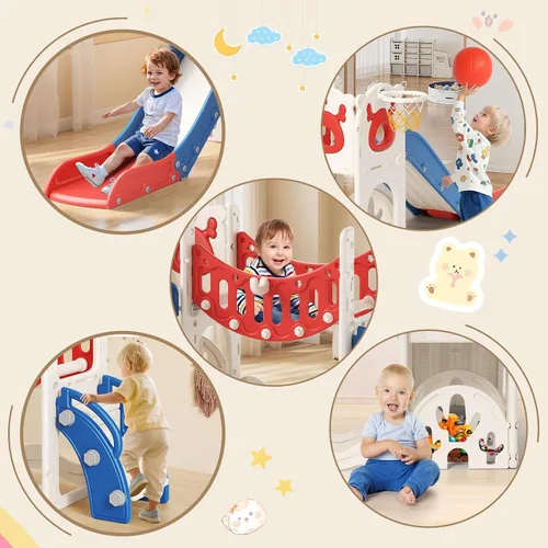 Vista 6 de Tobogán para niños, juego 10 en 1 para niños pequeños, nueva actualización con tobogán para niños, tabla de dibujo, juego de golf, aro de baloncesto