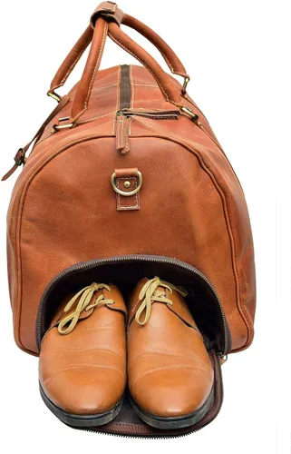 Vista 5 de 24 pulgadas cuero Duffel Bolsas para hombres y mujeres completo grano cuero viaje durante la noche fin de semana Bolsas de cuero deportes gimnasio