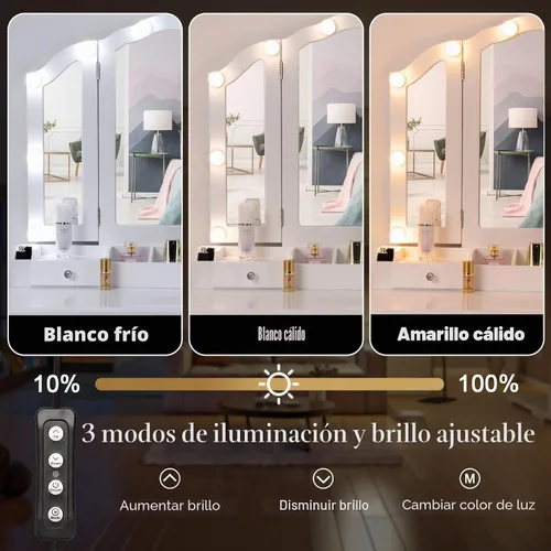 Vista 4 de Escritorio de maquillaje blanco con espejo plegable y luces