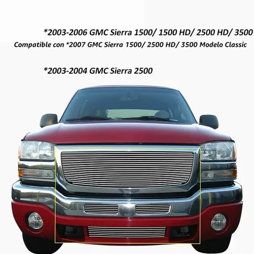 Vista 6 de Rejilla cromada para GMC Sierra 1500/2500HD/3500 2003-2007, insertos frontales de parrilla de aluminio de 3 piezas, guarda de reemplazo 04 05 06