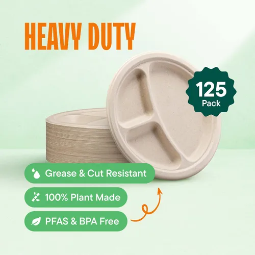 Vista 2 de Platos de papel desechables 100% compostables, 3 compartimentos, [125 unidades] - {Sin PFAS} - {Certificado BPA} - [9 pulgadas] Bandejas seccionales