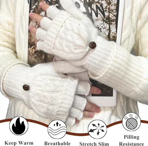 Vista 115 de Beurlike Guantes de invierno para mujer, de lana cálida, a prueba de viento, convertibles, sin dedos