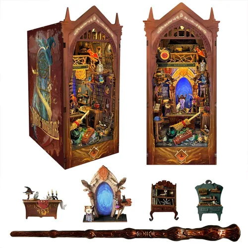 Vista 10 de Kit de rincón de lectura - Kit de casa de muñecas DIY en miniatura de madera con cubierta de polvo, estantería decorativa, rompecabezas 3D