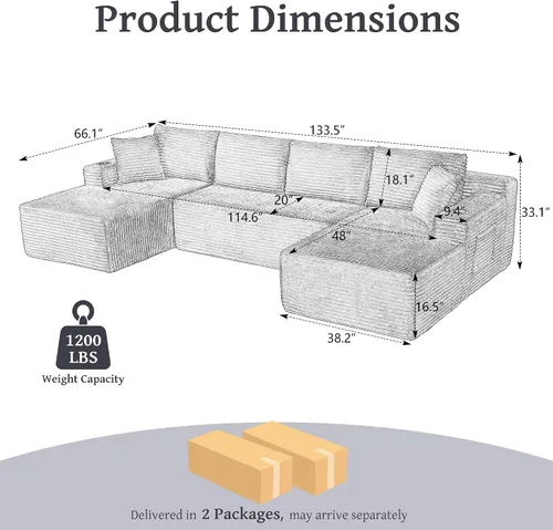 Vista 2 de Sofá modular de 133.5 pulgadas con tumbonas móviles, sofás deshuesados con portavasos para sala de estar, sofá modular en forma de U de gran
