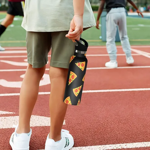 Vista 5 de Kids Water Bottle with Straw 20 Oz Water Bottle Insulated for Boys Girls, BPA-Free, Cartoon Slices Pizza Black