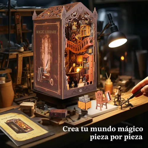 Vista 5 de Kit de rincón de libros, kit de casa en miniatura para bricolaje, casa de muñecas con cubierta antipolvo y luz LED, rompecabezas de sujetalibros