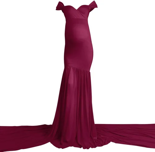Vista 3 de Vestido de maternidad con hombros descubiertos y cuello en V para mujer, vestido largo de gasa con cuello en V y ajuste elegante, para fotografía