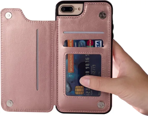 Vista 7 de Funda de piel tipo cartera para iPhone con (dos cierres magnéticos), (ranuras para tarjetas) función atril Rose gold