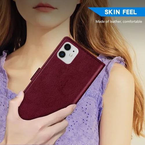 Vista 6 de ZZXX Funda tipo cartera para iPhone 11 con bloqueo RFID, ranura para tarjetas, función atril, cierre magnético, funda protectora de cuero para Rojo