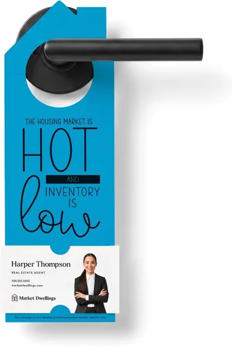 Vista 8 de Real Estate Door Hangers for Agents, The Housing Market Is Hot and Inventory Is Low, 50 Pack with Business Card Slot, 100lb Cardstock, White, Market