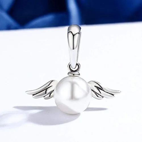 Vista 2 de Alas de ángel y perlas de concha colgantes de plata de ley 925 con dije de ángel para bricolaje, pulsera y collar, Plata esterlina
