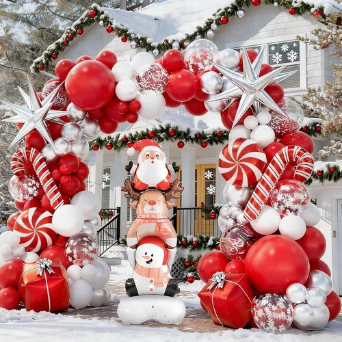 Vista 2 de Kit de arco de guirnalda de globos de Navidad con globos rojos y blancos plateados, globos de confeti, dulces, bastón, estrella de explosión, caja