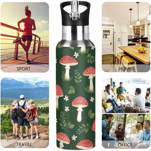 Vista 5 de Insulated Stainless Steel Water Bottle with Straw 32 Oz, BPA-Free Sport Water Bottle Insulated for Gym Outdoor Travel School, Cute Red Mushrooms