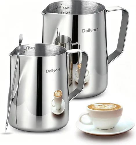 Vista 9 de Jarra para Espumar Leche, Dailyart 350ml/12oz Jarra para Espumar Leche de Acero Inoxidable 304 con Escala, Accesorios para Máquina de Espresso