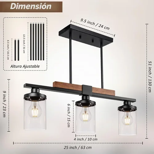 Vista 3 de VenzBlomia - Lámpara colgante de 3 luces para isla de cocina con altura ajustable