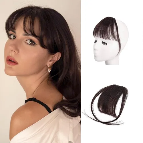 Vista 36 de BARSDAR Flequillo postizo de pelo humano real - Flequillo postizo 100% pelo humano para mujeres - Extensiones de flequillo ondulado castaño rojizo