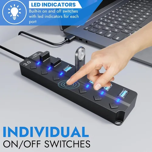 Vista 4 de Hub USB 3.0 – Hub USB 3.0 de 7 puertos con interruptores individuales de encendido/apagado y luces – Cable de 3.2 pies/3.3 ft de largo de alta