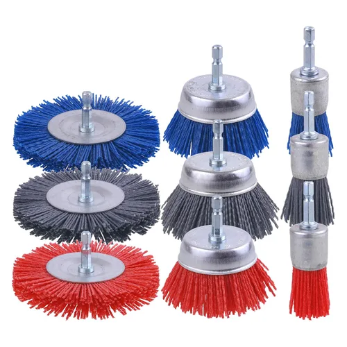 Vista 8 de Rocaris Paquete de 9 ruedas de cepillo de alambre abrasivo de filamento de nailon y cepillo de taza con vástago hexagonal de 1/4 pulgadas