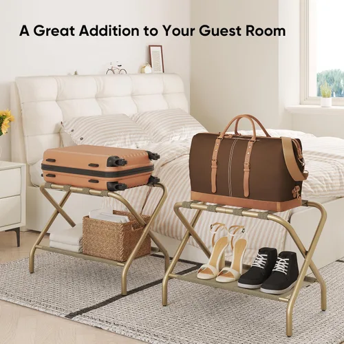 Vista 6 de Smart FENDEE Portaequipajes dorado para habitación de invitados, soporte plegable para maleta con estante de almacenamiento, soporte de equipaje