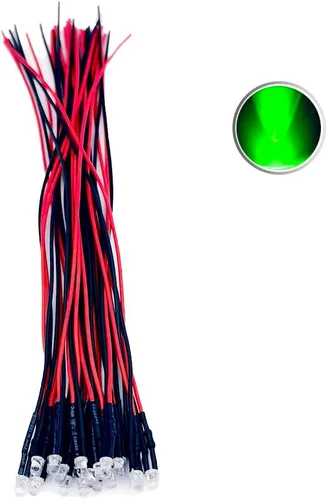 Vista 32 de 30 piezas de luces LED de 12 voltios de 3mm con parte superior plana verde, diodos emisores de luz precableados, lente de agua transparente de 7.9