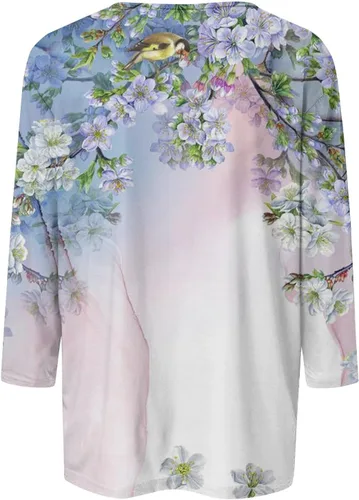 Vista 3 de Camisas de manga 34 para mujer, cuello redondo, estampado floral, sudaderas casuales elegantes, blusas de manga tres cuartos