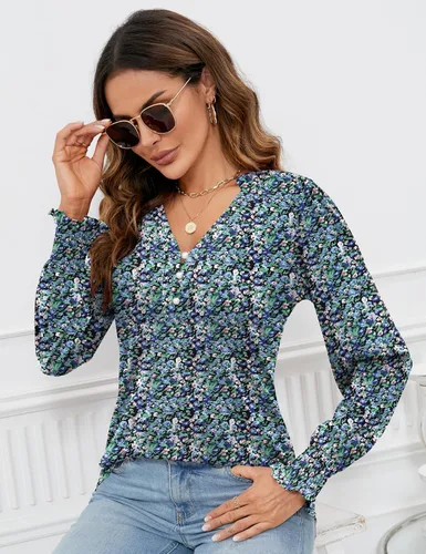 Vista 3 de Rapbin - Blusas tipo túnica con botones y cuello en V para mujer, manga larga abombada con puños con volantes, para otoño, camisetas elegantes e