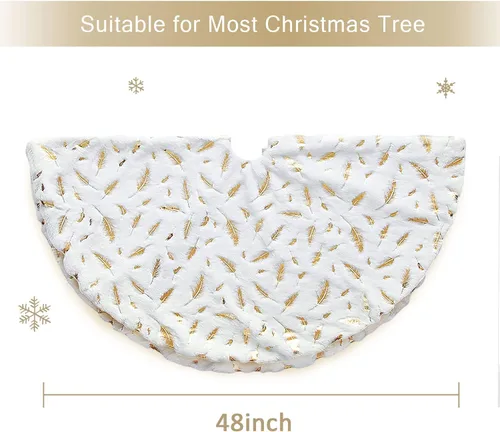 Vista 6 de NIBESSER Falda blanca para árbol de Navidad, falda de árbol de piel sintética de 48 pulgadas, alfombra de árbol de lentejuelas con plumas doradas