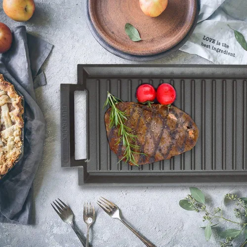 Vista 7 de Sartén para plancha, placa caliente de hierro fundido, parrilla rectangular, 2 asas con superficie acanalada para cocina eléctrica de inducción, 16