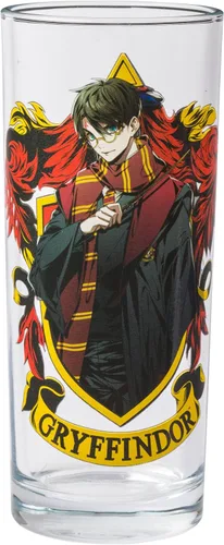 Vista 2 de Silver Buffalo Harry Potter Gryffindor Squad con Hermione Granger, Ron Weasley, y Fred y George estilo anime, juego de 4 vasos de vidrio de 10 onzas