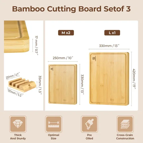 Vista 8 de Piklohas Juego de 4 tablas de cortar grandes de bambú para cocina, tabla de charcutería de bambú con soporte antideslizante, bandeja para servir