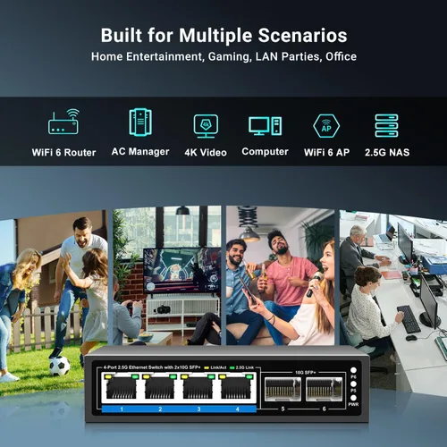 Vista 5 de GiGaPlus Switch Ethernet No Administrado de 6 Puertos 2.5Gb con 4 Puertos Base-T de 2.5G, 2 Puertos SFP+ de 10G. Switch de Red de 2.5Gbps