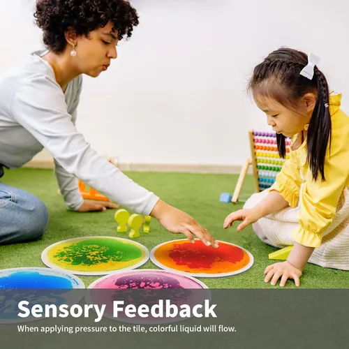 Vista 5 de art3d 4 piezas de baldosas sensoriales redondas para niños, bebés y niños pequeños, alfombra de actividad sensorial líquida colorida para juego