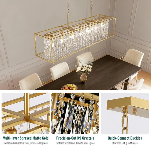 Vista 8 de Siljoy Moderno candelabro rectangular de cristal lineal dorado, L47
