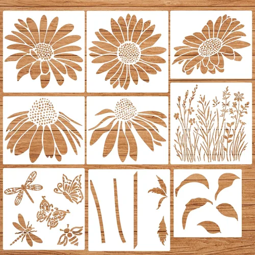 Vista 6 de Plantillas de flores grandes para pintar en plantillas de valla de madera para exteriores, plantilla de flor de cono de margarita reutilizable