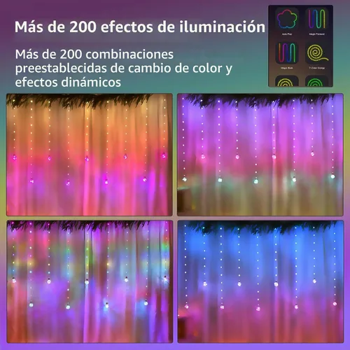 Vista 3 de Luces de Cortina de Bola de Deseos que Cambian de Color, 9.8 x 3.3 Pies, Luz de Hadas LED RGB con Control Remoto por App, Sincronización de Música