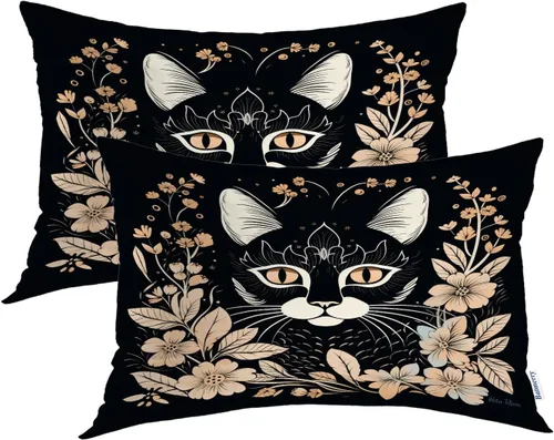 Vista 60 de Batmerry Fundas de almohada decorativas con estampado digital de hojas verdes y gatos negros con estampado digital para sofá, cama, cremallera