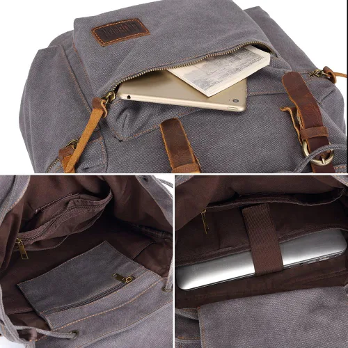 Vista 7 de Bluboon Mochila vintage con ribete de cuero casual para hombres y mujeres, mochila de viaje para computadora portátil