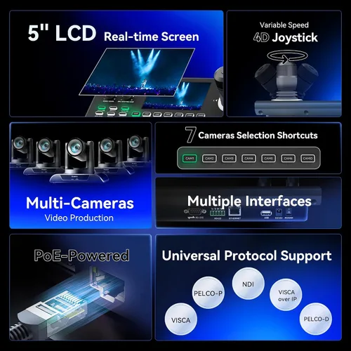Vista 2 de Tenveo NDI PTZ Camera Controller, 5'' LCD Screen Preview, 4D Joystick, PoE IP PTZ Controller Keyboard for Church Worship Live Streaming Broadcasts