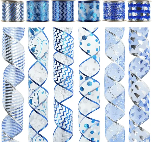 Vista 23 de MEEDEE Cinta de Navidad turquesa de 2.5 pulgadas, 6 rollos, 36 yardas, azul y plateado para árbol de Navidad