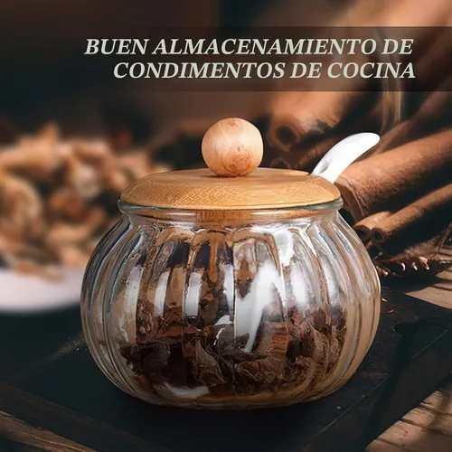 Vista 7 de Bodega de sal, recipiente de vidrio de 8 onzas / 8.5 fl oz con tapa de bambú, lindo tarro de condimento de calabaza, recipiente de almacenamiento