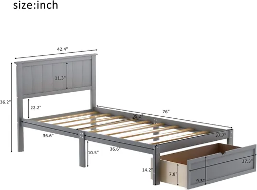 Vista 2 de P PURLOVE Base de cama de tamaño individual con cajón de almacenamiento, marco de cama de plataforma de madera con cabecera y listones para niños