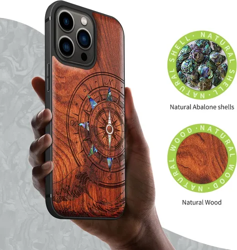 Vista 2 de Carveit Funda protectora de madera de diseñador para iPhone 13 Pro, cubierta magnética, grabado de madera e incrustaciones de concha, funda