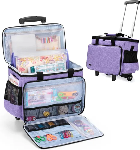 Vista 8 de Yarwo Bolsa de manualidades rodante con ruedas 2.0, bolsa de mano para álbum de recortes para mujer, con carrito desmontable y tablero inferior