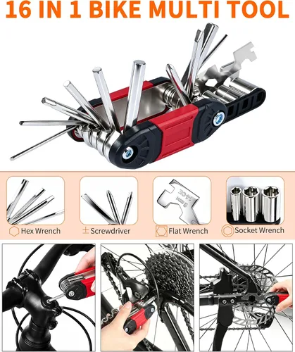 Vista 3 de Kit de reparación de bicicleta de 14 piezas con bomba de neumáticos, portátil y duradero Essential Bicycle Tool kit with 16-in-1 tool, tire