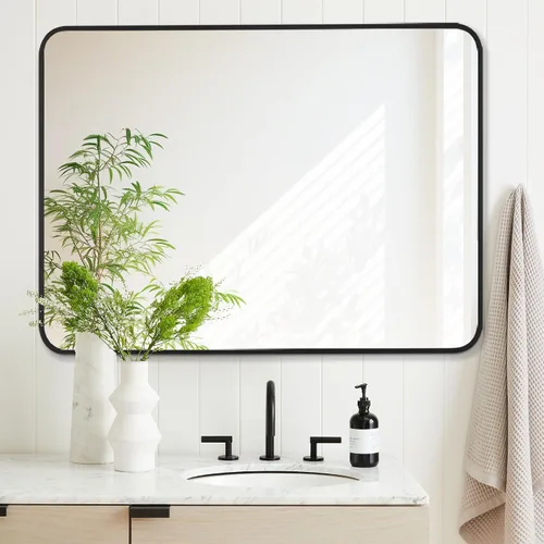 Vista 4 de Espejo rectangular de baño de 24 x 32 pulgadas con marco de metal negro, espejo rectangular de esquina redondeada para pared, moderno y grande